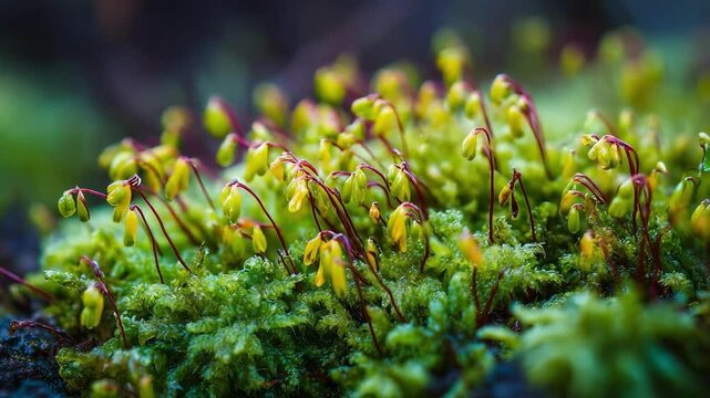 A close-up of moss with tiny yellow sporophyte stalks rising from the green moss.