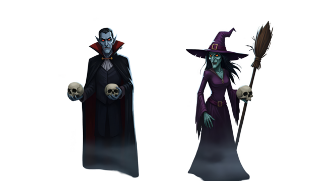Illustration Of Vampire And Witch With Skulls Transparent Background