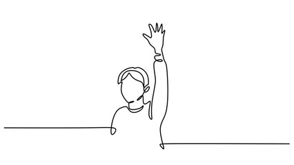 One Line Drawing of a Student Raising Hand in a Classroom