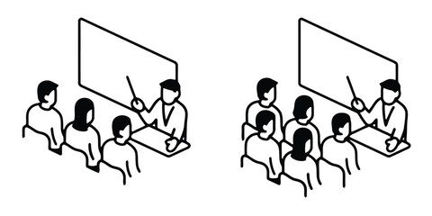 classroom, lecture, teacher, students, learning, education, presentation, whiteboard, pointer, desk, chairs, isometric, illustration, simple, line art, outline, group, people, teaching, school, semina