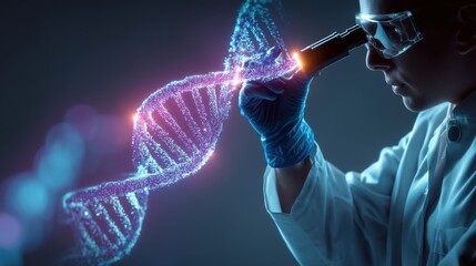 AI integrated biotech healthcare, A scientist examines a glowing DNA strand through a microscope, the fusion of technology and biology in genetic research