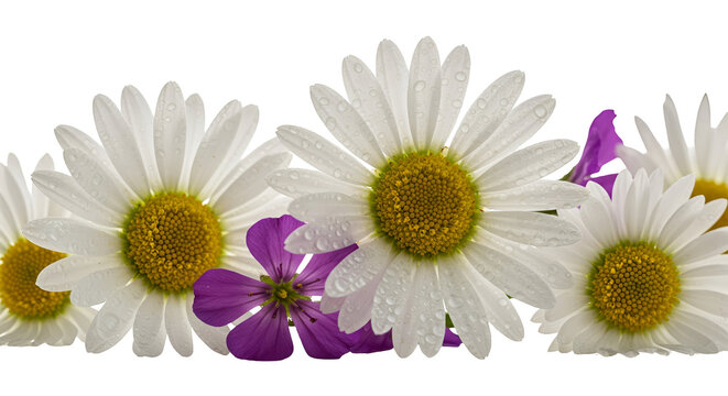 Isolated Daisy Flowers With Water Drops And Purple Flowers