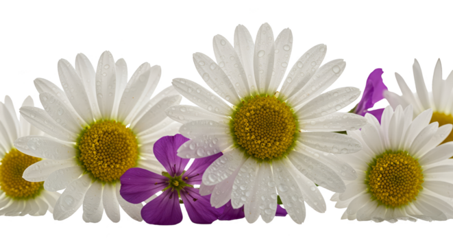 Isolated Daisy Flowers With Water Drops And Purple Flowers