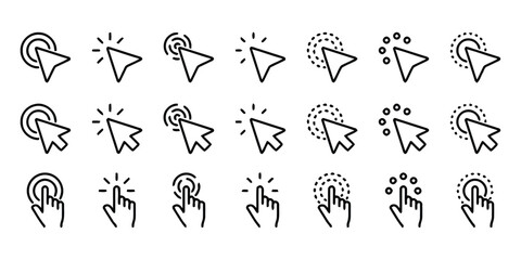 cursor, pointer, click, mouse, icon, set, collection, hand, finger, touch, select, action, digital, interface, web, technology, graphic, design, symbol, outline, line art, interaction, tap, press, hov