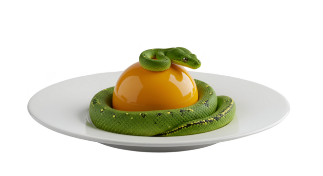 Isolated Dessert With Green Snake Decoration Orange Sphere Cake