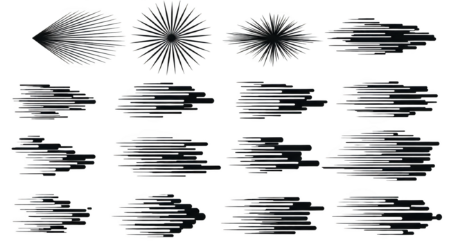 Abstract radial burst and horizontal line effects collection isolated on transparent background
