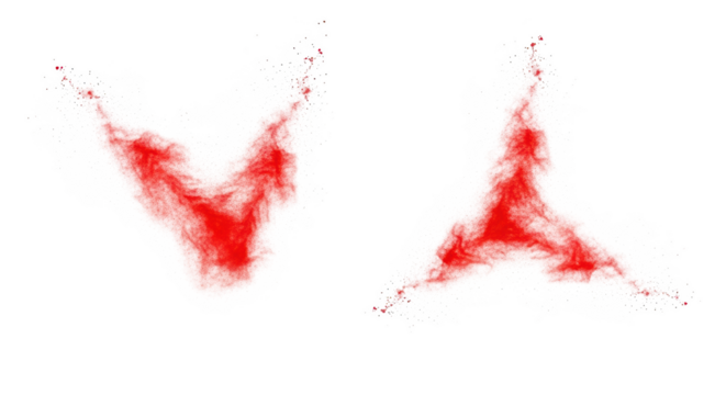 Abstract red particles forms triangle and wing shapes isolated on transparent background