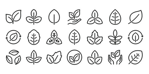 leaf, nature, eco, green, organic, plant, sprout, hand, recycle, symbol, icon, set, collection, outline, line art, growth, environment, sustainable, natural, fresh, health, biology, ecology, conservat