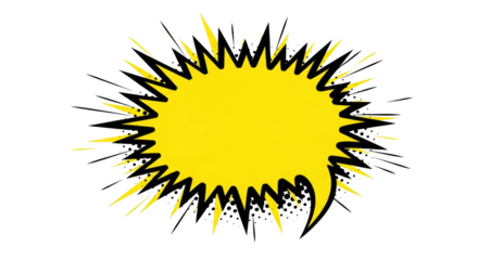 Bright yellow speech bubble with dynamic white outlines pop art style isolated on transparent background