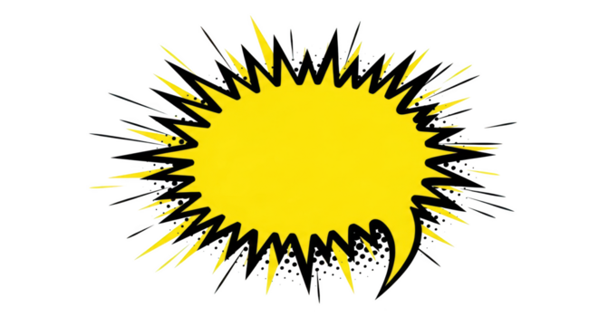 Bright yellow speech bubble with dynamic white outlines pop art style isolated on transparent background