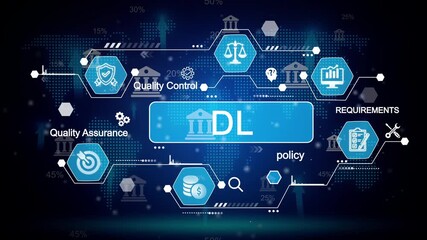 Digital data analysis and quality control workflow with icons for policy requirements and financial metrics on a futuristic world map background - Powered by Adobe