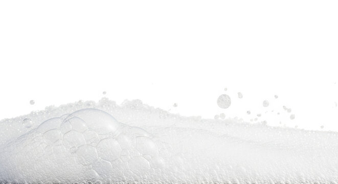 Close up of white foam texture with soap bubbles and water drops isolated on transparent background