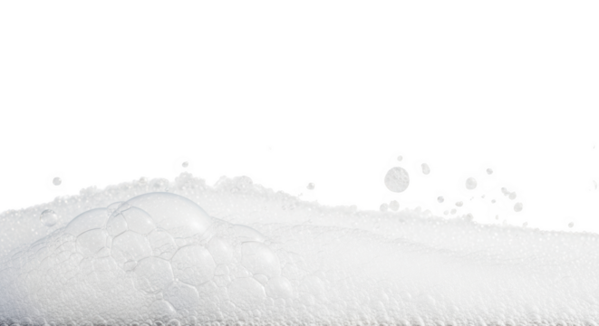 Close up of white foam texture with soap bubbles and water drops isolated on transparent background