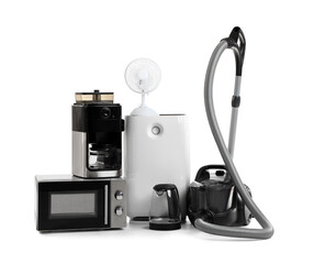 Different household appliances on white background