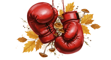 Illustration Red Boxing Gloves with Autumn Leaves and Mushrooms