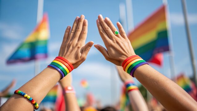 parade street music Hands raised in celebration of diversity and inclusion, adorned with rainbow bracelets at a vibrant outdoor event.