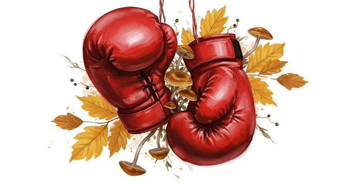Illustration Red Boxing Gloves with Autumn Leaves and Mushrooms - Powered by Adobe