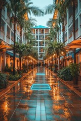 Fototapeta premium Wet urban scene with palm trees reflected lights