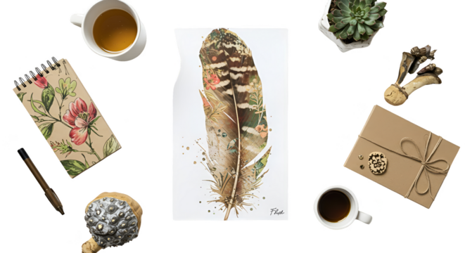 Isolated Feather Illustration with Floral Paper and Coffee