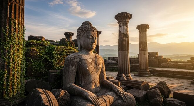 Buddha statue amidst crumbling ruins, bathed in golden light. Peaceful, ancient