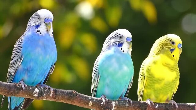 Three colorful parakeets sitting on branch in sunlight
