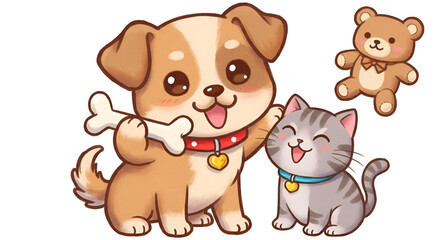 Cute Illustration Of A Dog And Cat With A Teddy Bear