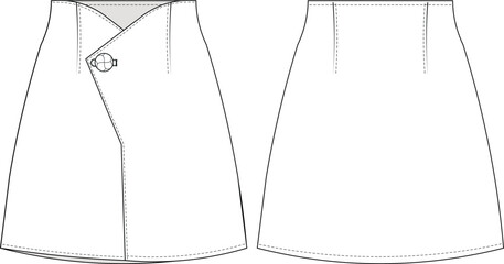 tailored darted buttoned short mini fit a line pencil vut skirt template technical drawing flat sketch cad mockup fashion woman design style model 
