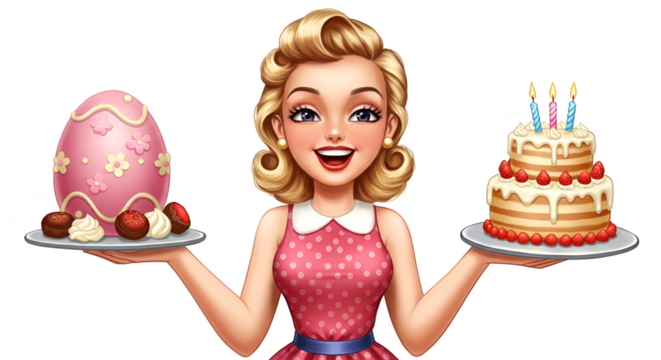 Illustration Woman Holding Easter Egg and Birthday Cake Transparent PNG