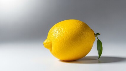 Vibrant yellow lemon with a single green leaf on a clean white surface under soft light.