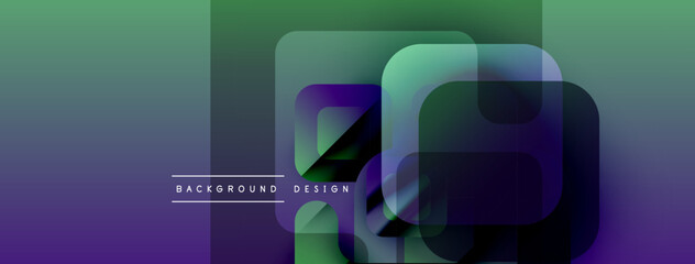 Abstract geometric shapes overlap. Gradient colors blend from purple to green. Modern design element for backgrounds, banners, presentations.