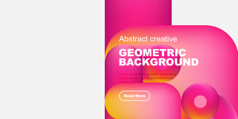 Vibrant abstract geometric background. Pink, orange hues dominate design. Text promotes further exploration via button.