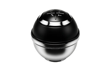 Sleek modern futuristic polished chrome and black motorcycle helmet with reflective visor against a stark black background