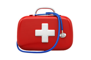 Obraz premium Bright red first aid kit with a white cross symbol and a blue stethoscope draped over it on a black background