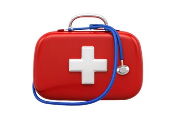 Bright red first aid kit with a white cross symbol and a blue stethoscope draped over it on a black background