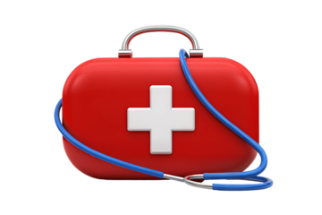 Bright red first aid kit with white cross symbol and blue stethoscope isolated on black background