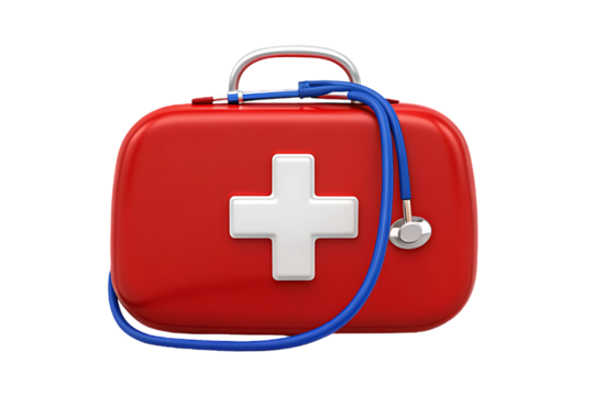 Bright red first aid kit with a white cross symbol and a blue stethoscope draped over it on a black background