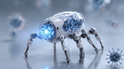 Futuristic medical concept showcasing a 3D rendering of a nano robot. Tiny machines may revolutionize healthcare in the future.
 