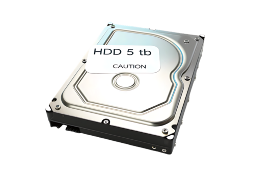 Close up view of a silver 5 terabyte internal hard disk drive isolated on a stark black background