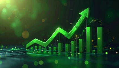 Digital Green Growth: Upward Arrow & Bar Chart Symbolizing Business Success & Financial Prosperity