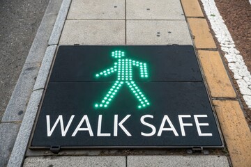 Illuminated pedestrian walk safe sign embedded on the street