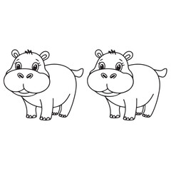 Cute Hippopotamus Illustration . Black and White Line Drawing
