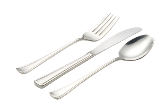 Elegant polished silver cutlery set including a fork knife and spoon arranged on a black background
