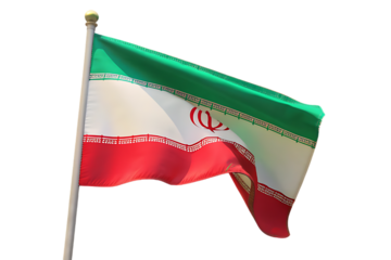 Waving iranian flag with green white and red stripes and national emblem against a stark black background
