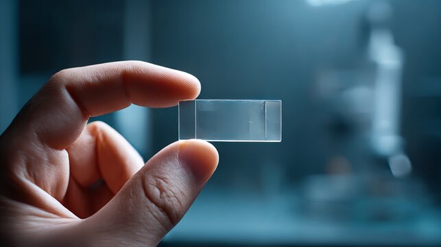 Holding a microscope slide in hand.
A hand displaying a glass microscope slide.
A glass slide for microscopy held in someone's hand.
A hand presents a slide for viewing under a microscope