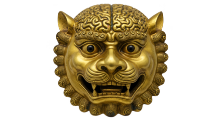 Isolated Golden Lion Head Sculpture with Intricate Detail
