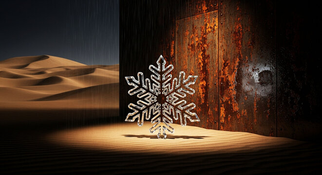 Intricate snowflake illuminated in a desert landscape with a warmly lit tree trunk, Generative Ai