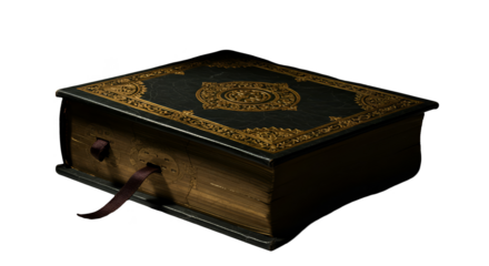 Isolated Golden Quran Book with Intricate Designs and Bookmark