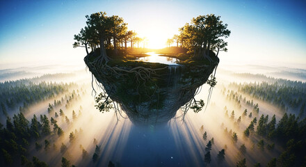 Enchanting floating island with lush trees and a winding river bathed in golden sunrise light, Generative Ai