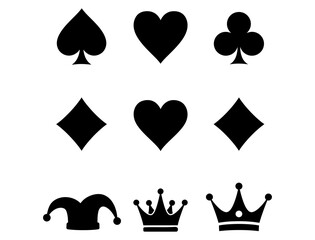 Playing Card Symbols, Joker, and Crowns Diverse Illustrations for Design, Vector Elements