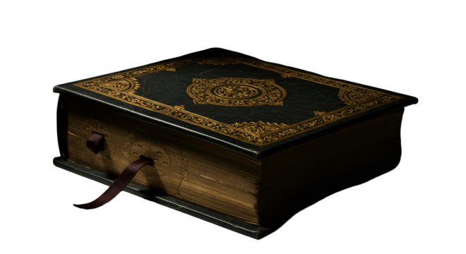 Isolated Golden Quran Book with Intricate Designs and Bookmark